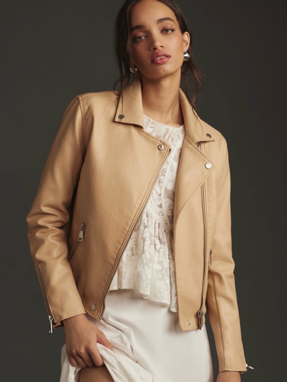 Anthropologie Saige Beige Faux-Leather Moto Jacket